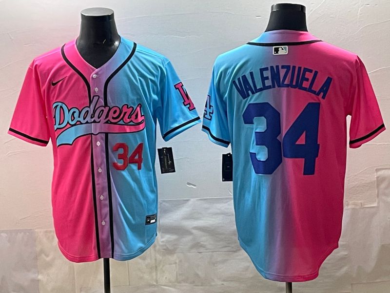 Men 2025 Los Angeles Dodgers #34 Valenzuela Blue pink Game Nike MLB Jersey style 04